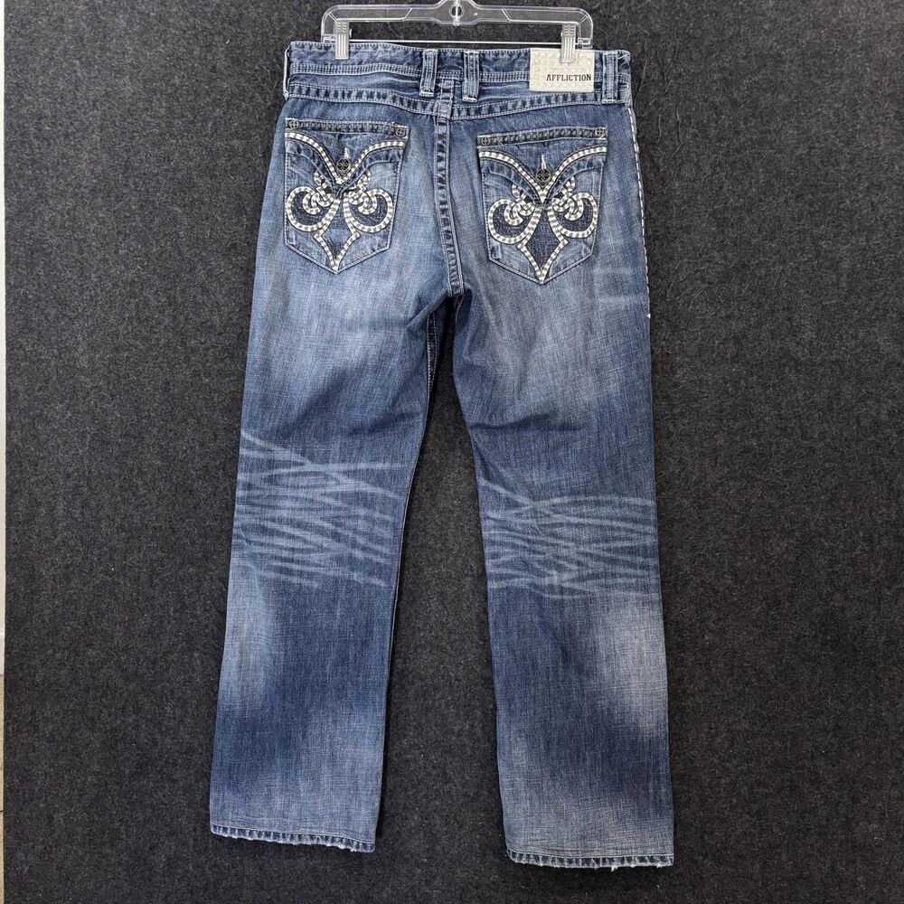 Affliction Grant Jeans Mens 34x30 Blue Zip Fly Black Premium Buckle Embroidered